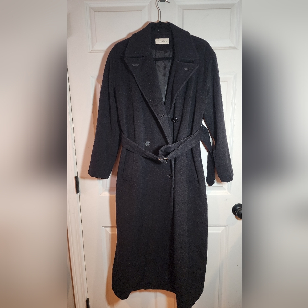 Calvin Klein Black Wool Blend Belted Long Heavy Coat Button Front